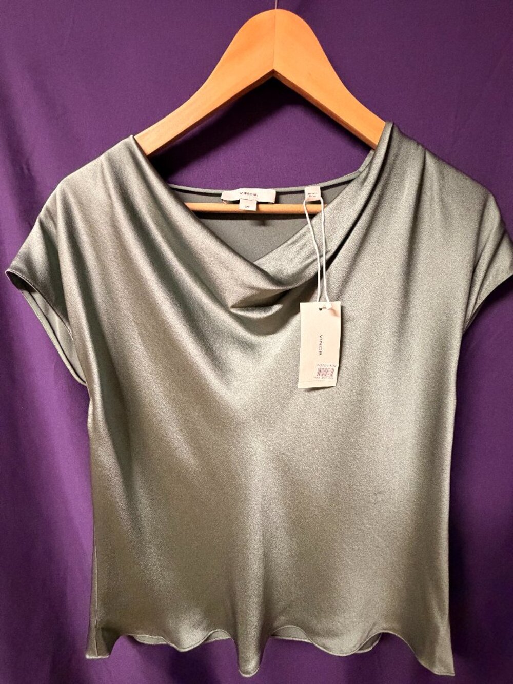 NWT Vince 100% Silk Cowl Neck Short Sleeve Blouse SM Sage Green MSRP $295